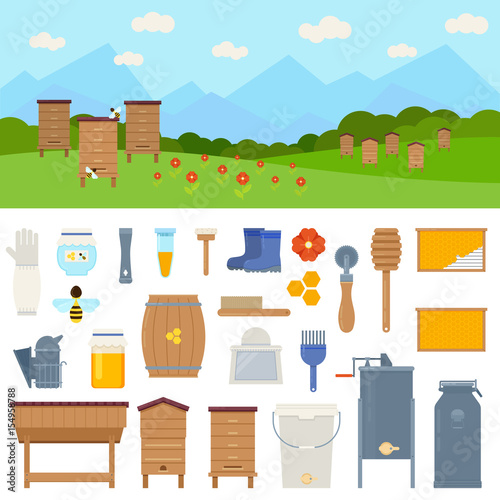 Apiary vector flat illustrations with beekeeping elements