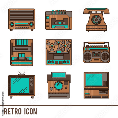 Vector line icons with retro appliances.