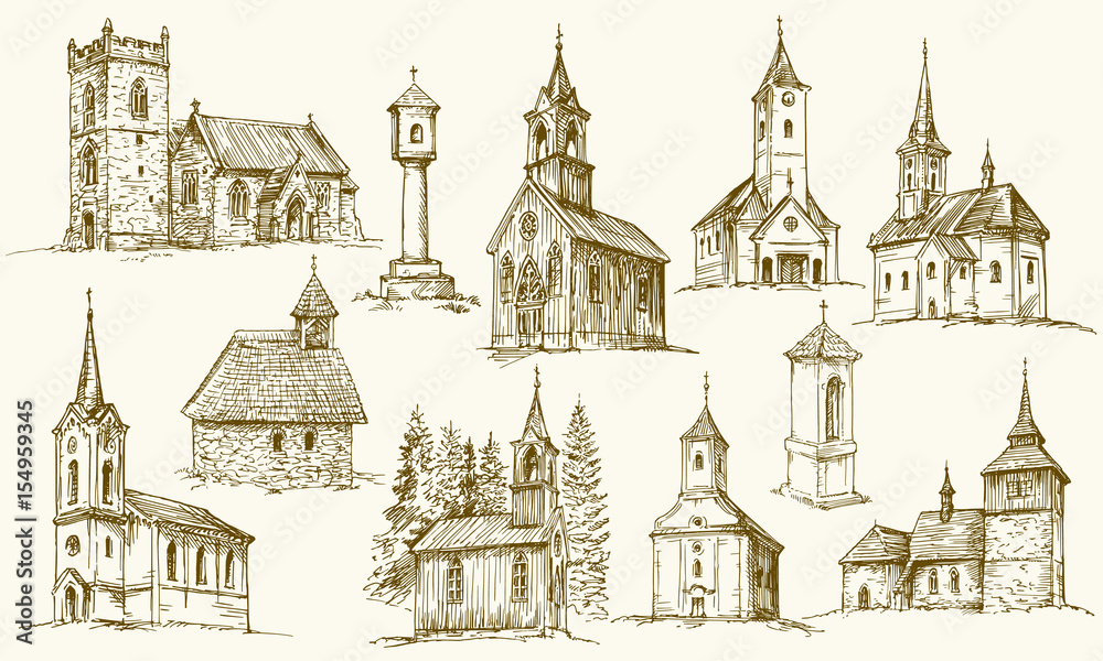 Fototapeta premium Zestaw starych kościołów wiejskich. Ręcznie rysowane ilustracji wektorowych.