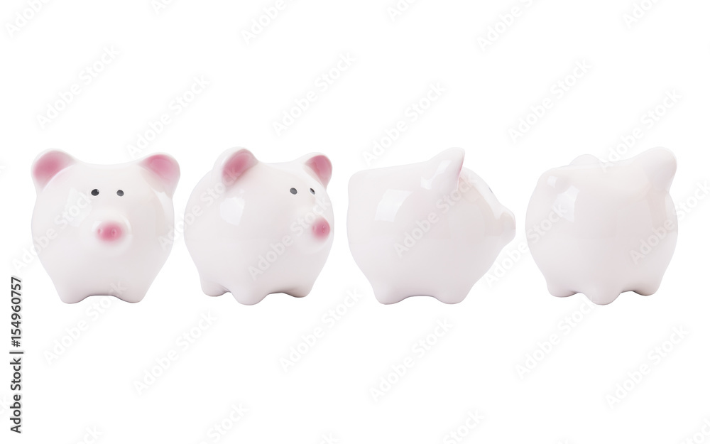 pink piggy bank isolated on white background. front, back, side view. pink piggy bank isolated on white background. front, back, side view.