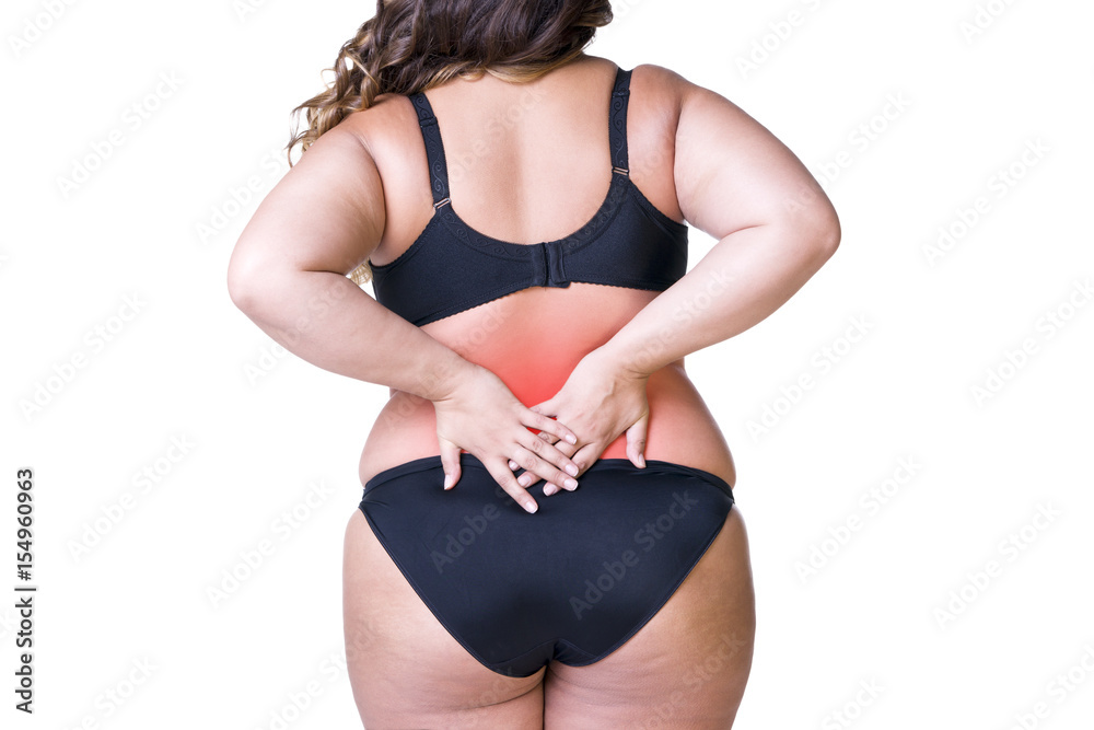 Back pain, fat woman with backache, overweight female body isolated on white background Back pain, fat woman with backache, overweight female body isolated on white background