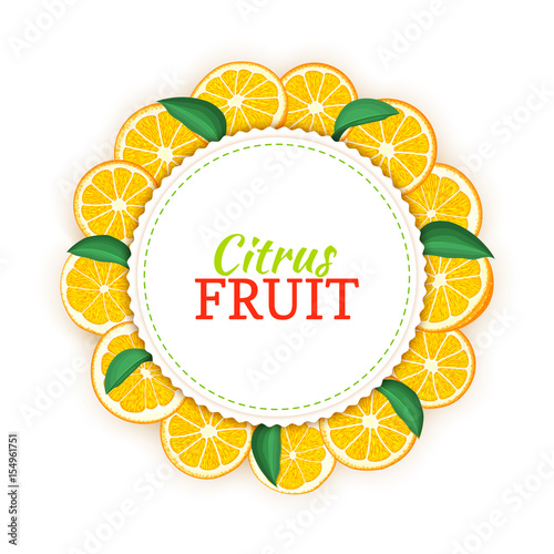 Round colored frame composed of delicious tropical orange fruit. Vector card illustration. Circle citrus oranges frame. Ripe fresh fruits appetizing looking for packaging design juice, breakfast food