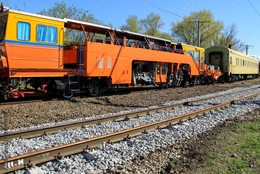 View on the maintenance train on railroad track View on the maintenance train on railroad track