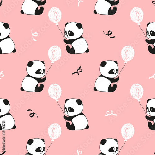 Fototapeta Naklejka Na Ścianę i Meble -  Cute panda bears and balloons seamless pattern. Vector kids background