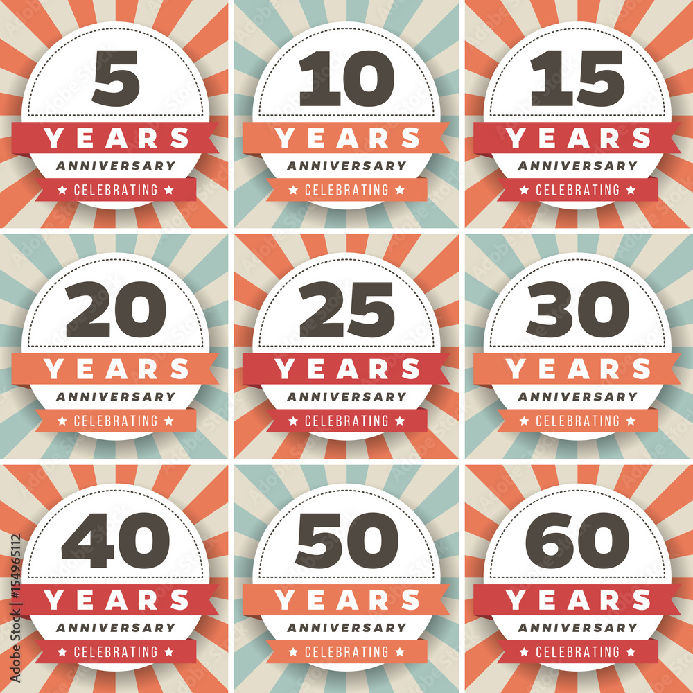 Naklejka premium Vector set of anniversary signs, symbols. 5, 10, 15, 20, 25, 30, 40, 50, 60 years jubilee design elements collection.