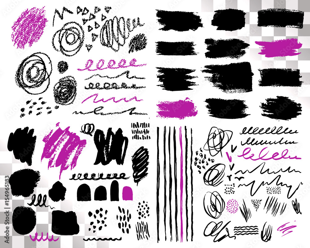 Vector Set of brush acrylic strokes. Black violet color on white background. Hand painted grange elements. Ink drawing. Dirty artistic design . Place for text, quote, information, company name. - obrazy, fototapety, plakaty 