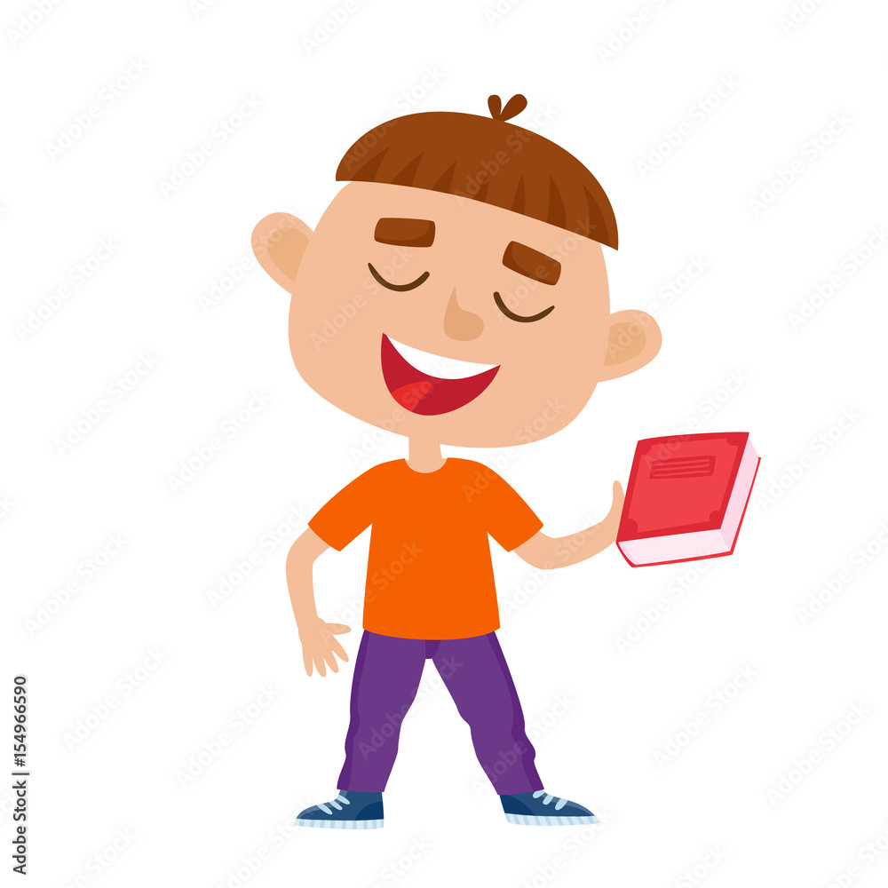 Color vector illustration of pretty blonde boy with red book