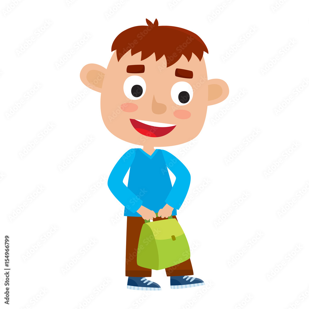 Color vector illustration of pretty boy stand with green bag. Ha