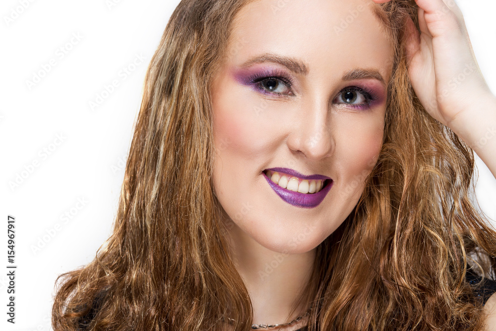 portrait of beautiful blonde girl with bright purple makeup, close-up, horizontal, white background portrait of beautiful blonde girl with bright purple makeup, close-up, horizontal, white background