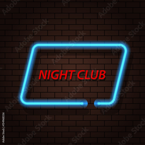 Neon signboard nightclub on a brick background. Vector illustration .