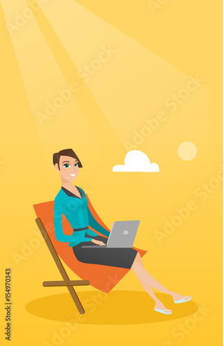 Businesswoman working on laptop at the beach.