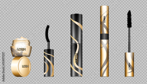 Digital vector eye care cream, eyelash applicator and mascara brush cosmetic container set mockup collection, package, magazine design. Transparent and shine template, realistic 3d style
