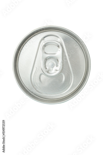 Top view of closed aluminum beverage can on white background.