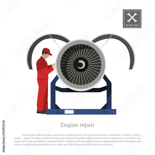 Repair and maintenance of aircraft. Engineer inspects the engine of the airplane. Industrial drawing in a flat style. Vector illustration