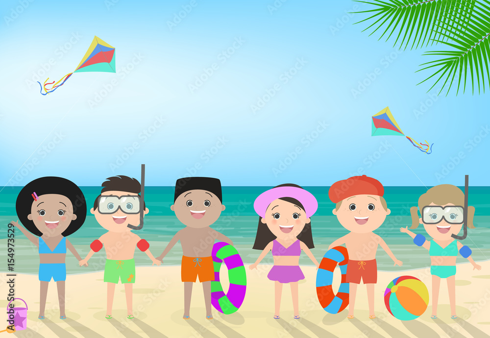 Children on the beach. Beach children's recreation, children's camp ...