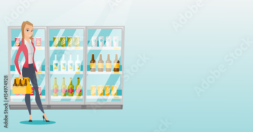 Woman with pack of beer at supermarket.