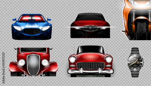 Digital vector blue red and orange sport cars mockup set, bike and metalic watch. Your brand. Isolated. Transparent, realistic 3d, reflection