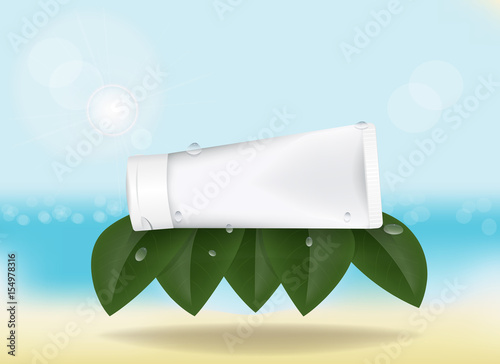blank horizontal tube for cosmetic product lies on the green leaves in drops of water. realistic template for advertising. vector illustration