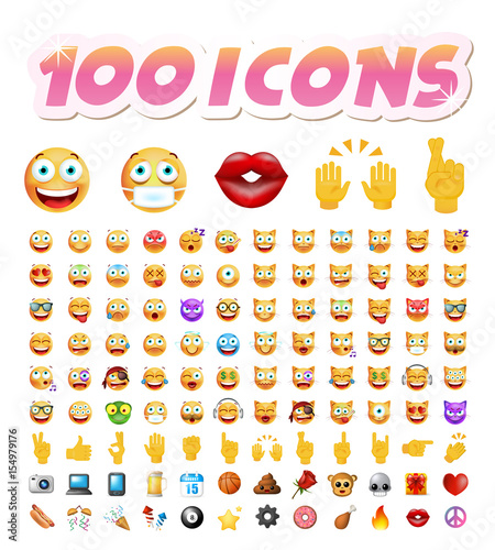 Set of 100 Cute Icons on White Background. Isolated Vector Illustration