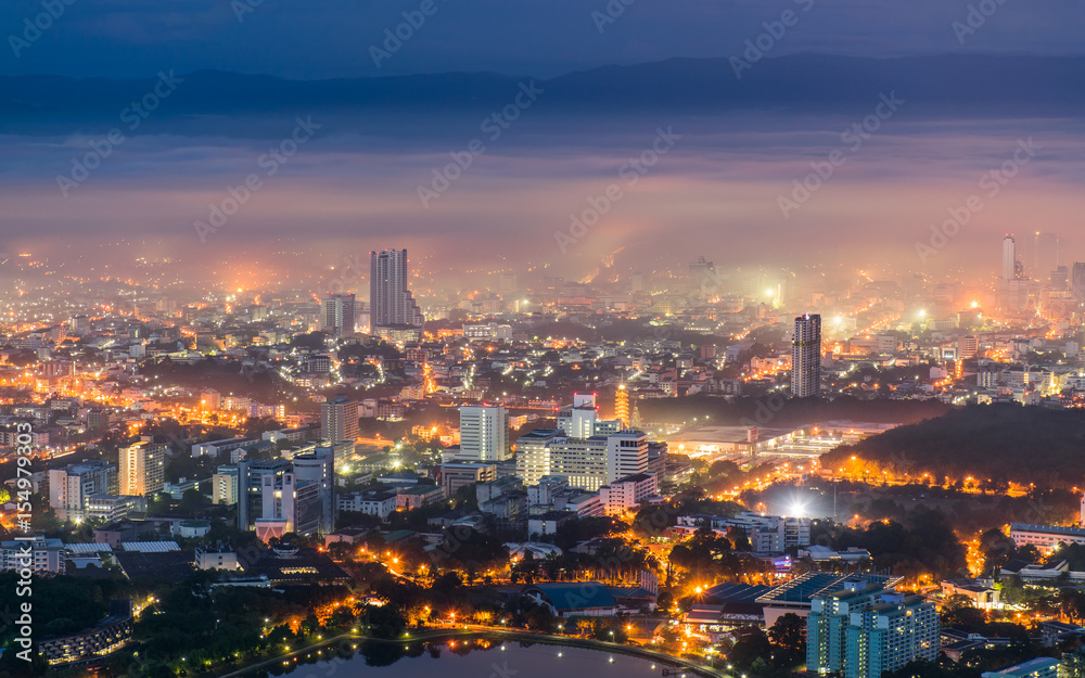 Fog over Hat Yai Night City Thailand: May 2017