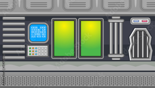 Seamless spaceship interior with two green windows for game design