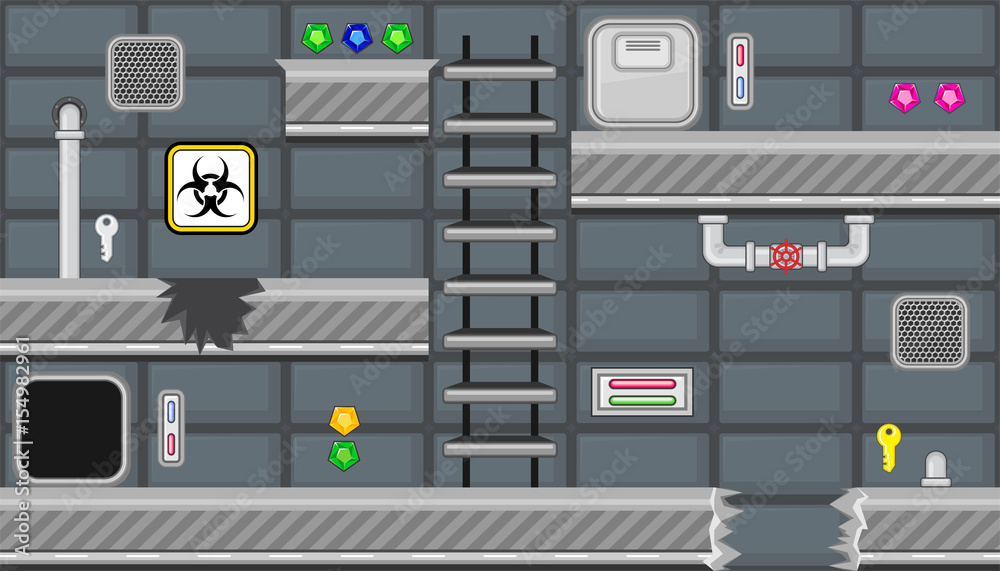 Seamless editable room with ladder and biohazard sign for platform game design