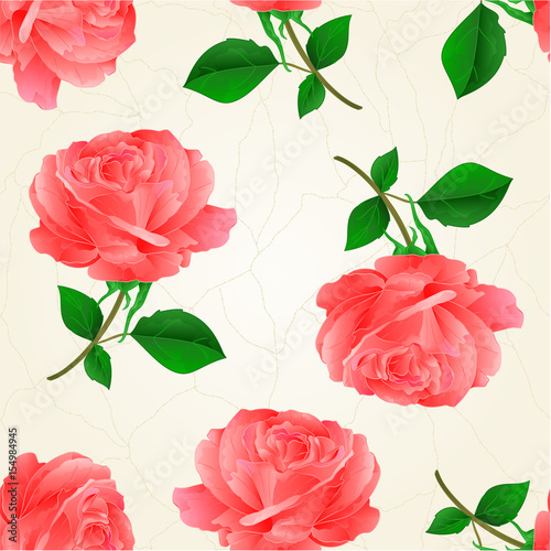 Seamless texture flower pink rose twig with leaves crack vintage hand draw vector illustration
