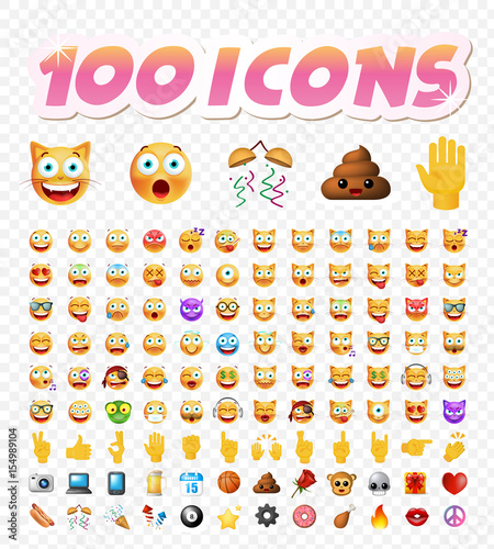 Set of 100 Cute Icons on White Transparent Isolated Vector Illustration