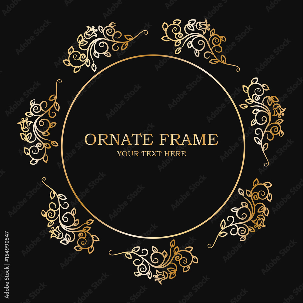 Ornate floral golden frame. Vector isolated illustration.