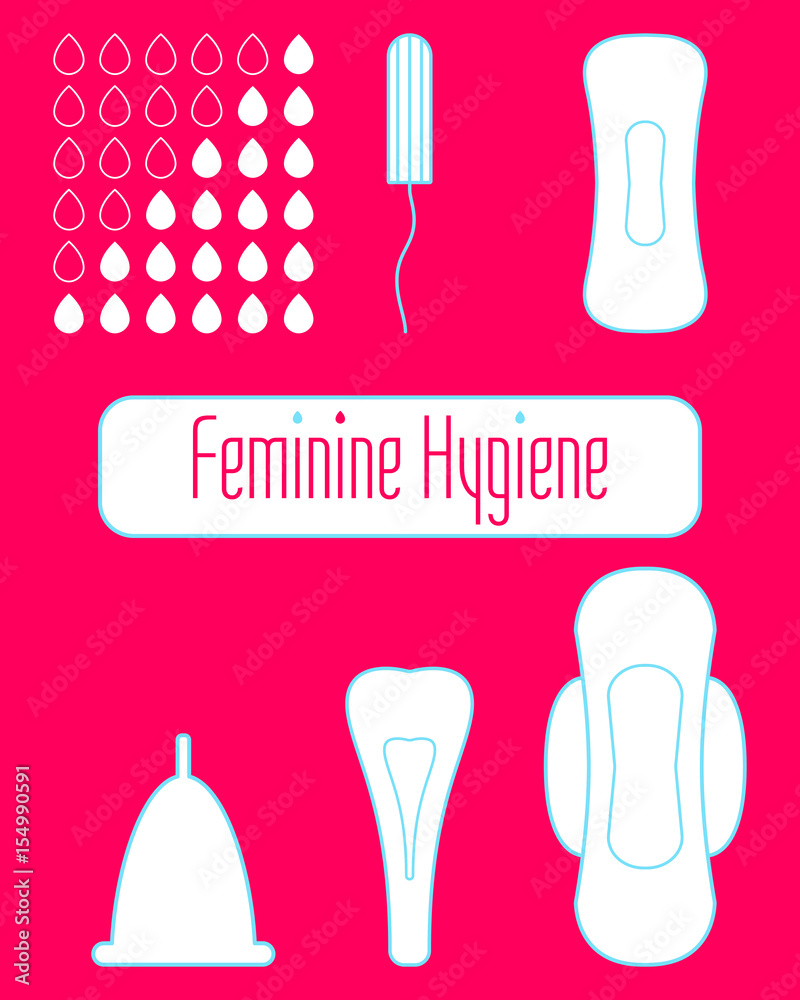 Fototapeta premium Vector pattern, set of menstruation and daily sanitary pads, tampon and menstrual cup. Hygiene protection for woman critical days. Gynecological menstruation cycle.