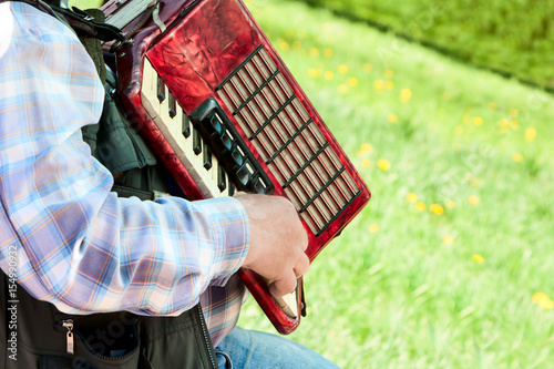 the man plays an accordion on a green lawn