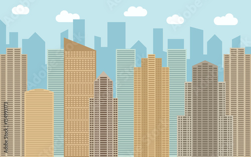 Vector urban landscape illustration. Street view with cityscape  skyscrapers and modern buildings at sunny day. City space in flat style background concept.  