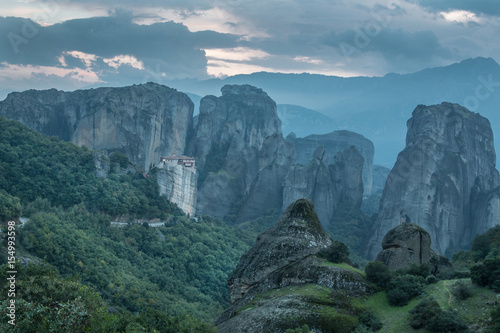 Beautiful view on Holy Monastery of Rousanou at the complex of Meteora monasteries in Greece in night