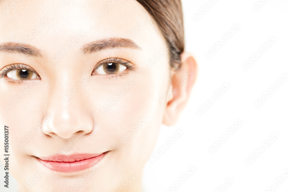 closeup young  woman face isolated on white