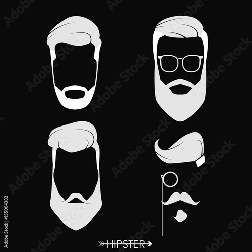 Set of hipster man haircuts, beards, mustaches. Simple design for logo, silhouette. Vector illustration.