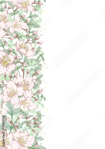 Vector vertical botanical banner with hand-drawn flowers in pastel light colors on white background
