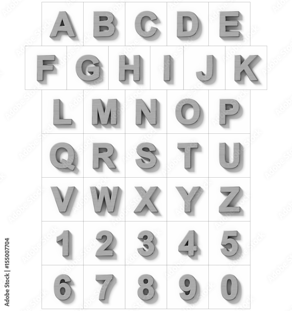 letters and numbers 3D metal isolated on white with shadow - orthogonal projection letters and numbers 3D metal isolated on white with shadow - orthogonal projection