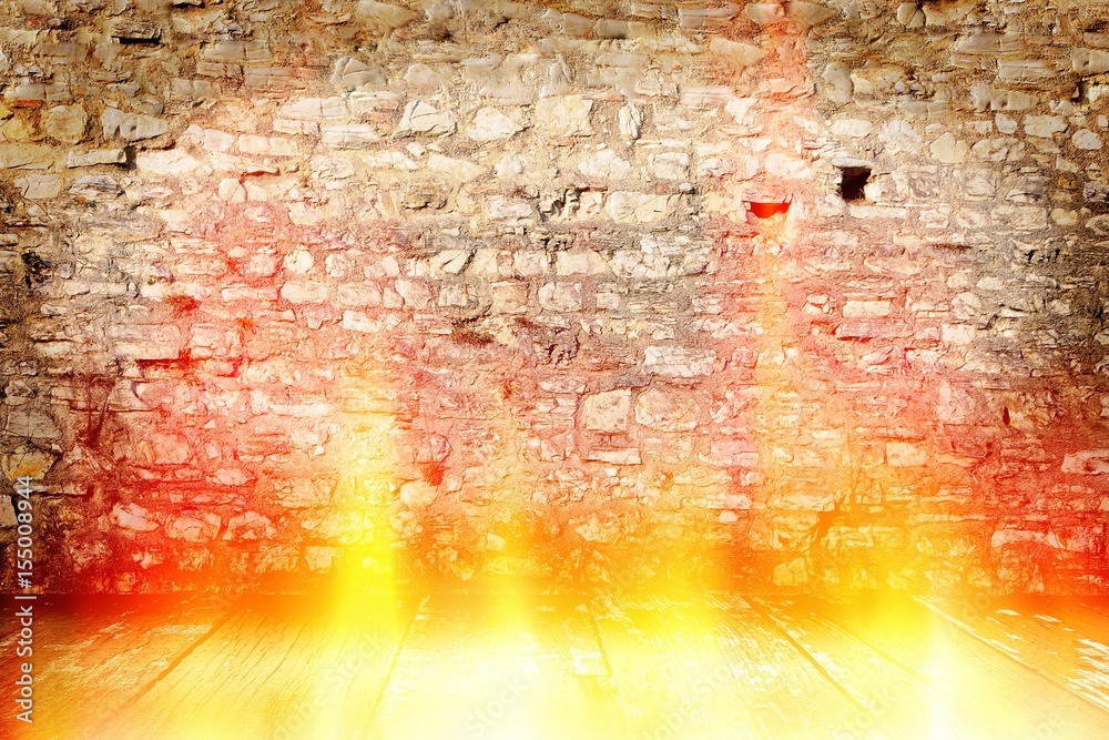 Obraz premium Grunge room interior with fire and flames effect.