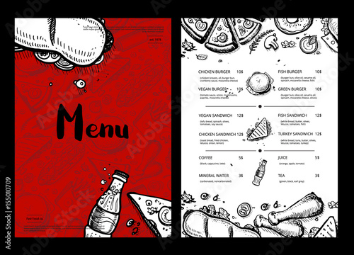 Restaurant fast food menu with prices. Cafe snack catalog, junk food card with meal linear sketches. Delicious fast food vector template with hand drawn pizza, hot dog, chicken, drink pencil doodles