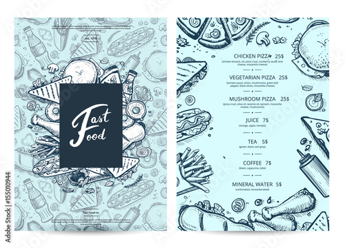 American food and drink menu design with prices. Fast food vector template with hand drawn pizza, hot dog, chicken, drink pencil doodles. Cafe price catalog, junk food card with snack linear sketches.