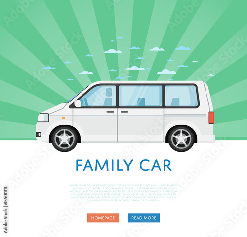 Website design with family minivan. Comfortable minibus on green striped background, modern auto vehicle banner. Auto business, sale or rent transport online service vector illustration concept.