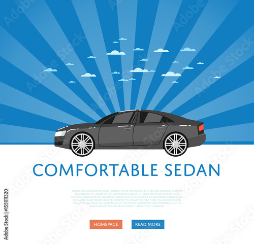 Website design with business sedan. Comfortable family car on blue striped background, modern auto vehicle banner. Auto business, sale or rent transport online service vector illustration concept