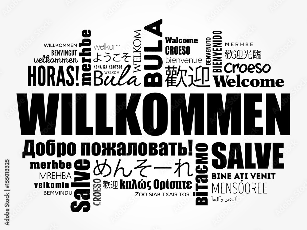 Willkommen in German) word cloud in different languages, conceptual background Stock