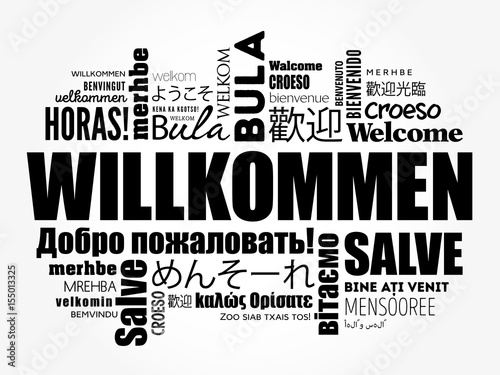 Willkommen (Welcome in German) word cloud in different languages, conceptual background