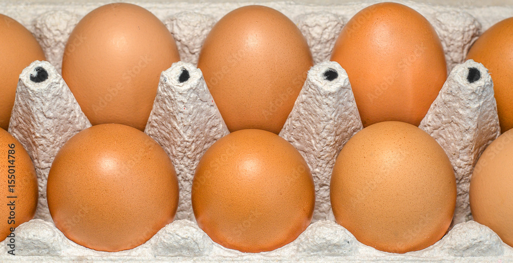 Packing eggs in a cardboard box top and close-up view Packing eggs in a cardboard box top and close-up view