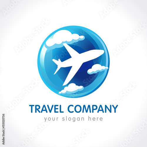 Travel company logo. World travel airplane abstract vector icon. Low cost airlines, tickets selling, tourist business. Flying plane, stained-glass globe, clouds, blue background.