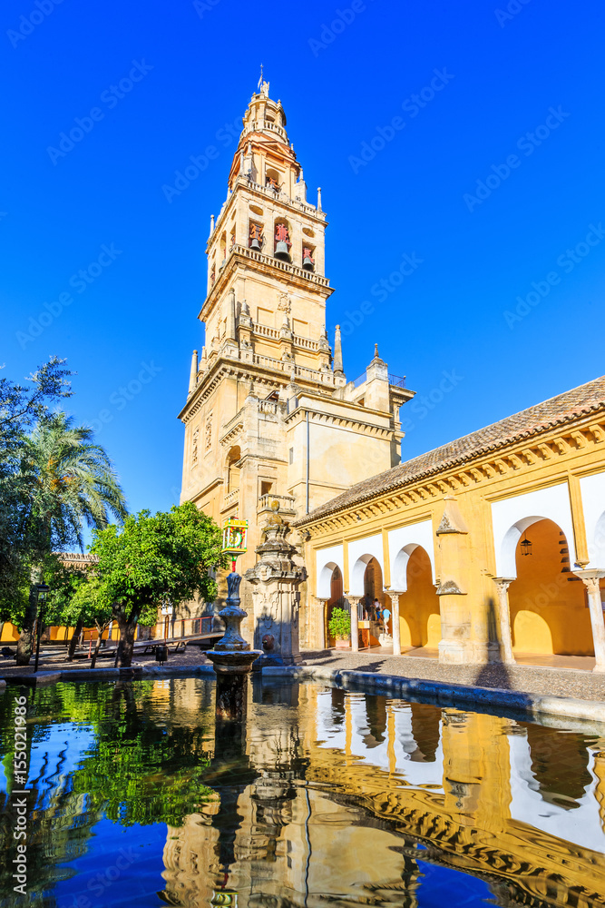 Cordoba, Spain. Bell tower at the Mezquita Mosque-Cathedral from Court of Oranges.