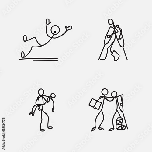 Cartoon icon of sketch stick figures in cute miniature scenes.