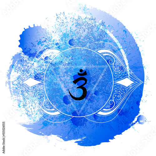 Ajna chakra line art on blue watercolor