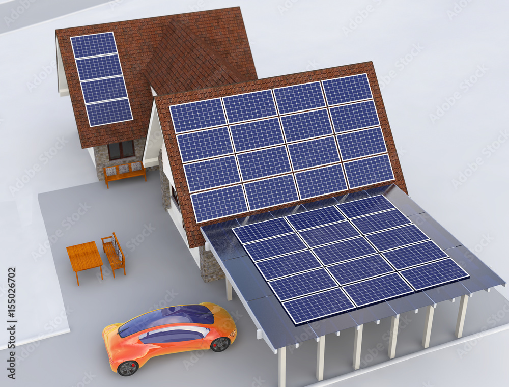 Solar Power House With A Charger Station For Electric Cars, Renewable